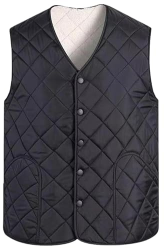 HUIANGLIYG Mens Gilet,Mens Winter Warm Fleece Gilet Body Warmer Casual Sleeveless V-Neck Button Waistcoat Lightweight Diamond Quilted Padded Vest Outerwear With Pockets Black M