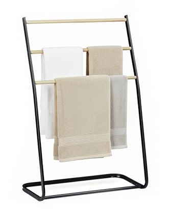 Relaxdays Toallero de pie, 3 Barras, Hierro Negro, 86 x 58 x 30 cm para Toallas y Ropa