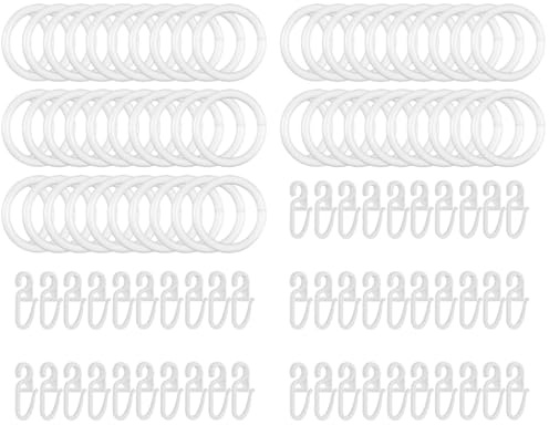 50 stycken gardinringar vitt set med 50 gardinkrokar plast, gardinringar 32 mm innerdiameter för gardinstänger, robusta ringar för gardiner och duschdraperi, tyst glidande tillbehör