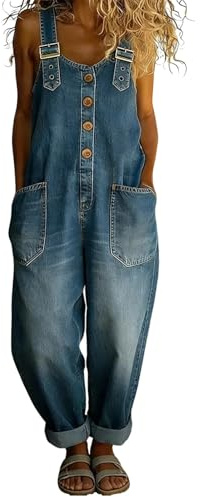 Salopette En Jean/Lin Pour Femme - Sans Manches Coupe Ample Vintage En Denim De Lavé Combinaisons à Jambes Larges Conception De Boutons Et Bretelles Réglables Avec Poches Décontracté Pantalon