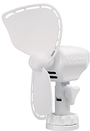 SEEKR Ultimate™ Fan from by Caframo. Grill-free, whisper-quiet 12V fan with shock-absorbing FingerSafe™ blades, 2-speeds, direct wire connection. Made in Canada. White.