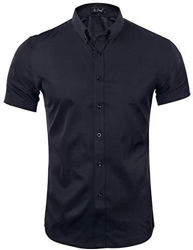 Kuson Homme Chemise sans Repassage Couleur Unie à Manches Courtes Respirant Noir M