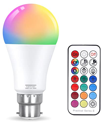 VARICART B22 10W Colour Changing Light Bulb Dimmable, LED Bulbs Bayonet with Remote, RGB + Cool White 6000K, 12 Colour + 5 Modes, Dual Memory, 75W~100W Equiv. for Home Dec & Mood Lighting (Pack of 1)