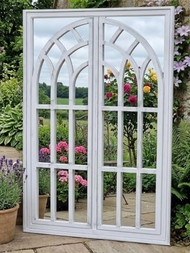 Biznest New Ex Large Rustic White Window Style Arch Wall Mirror Garden Vintage 66X96Cm