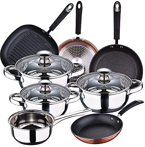 Bateria de cocina 7 piezas SAN IGNACIO Faro, acero inoxidable, con juego sartenes (20/24/28 cm) y grill 28 cm SAN IGNACIO Moma en aluminio forjado