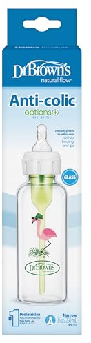 Dr. Browns Narrow Neck Options and Feeding Glass Bottle with Flamingo Deco with L2 Nipple, 250 ml Capacity