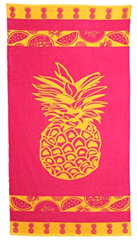 P.K. Collection Serviette de plage 100 % coton - Drap de plage 90 x 165 cm - Tissu éponge de qualité supérieure - Impression jacquard de qualité supérieure (ananas rose/jaune)
