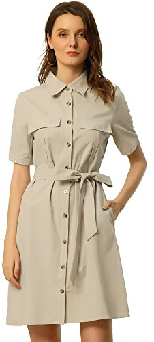 Allegra K Robe de safari d'été en coton à manches courtes avec ceinture boutonnée pour femme, beige, M