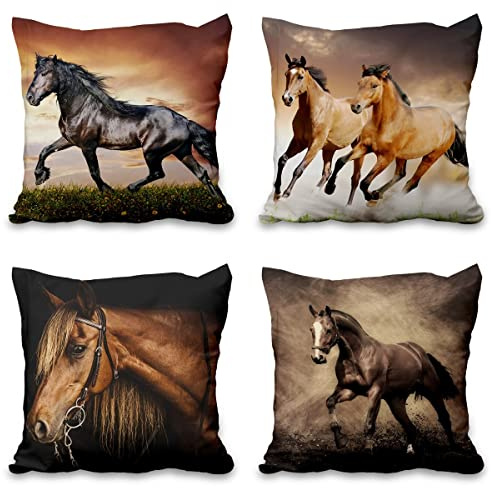 Aoihrraan 16 x 16 Inch Horse Herd Cushion Covers Realistic Animals Running Horse Square Linen Throw Pillow Covers Home Decor For Farmhouse Sofa Bed Living Room Outdoor Garden Couch, 41x41cm Set of 4