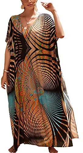 L-Peach Donna Abito da Spiaggia Caftan Maxi Parei Copricostume Copribikini Cover Up Beachwear