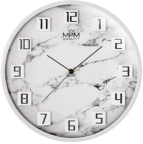 MPM Quality Damali Design Kunstoff Wanduhr, 3D arabische Ziffern, Weiß/Marmor Motiv, Quarz-Uhrwerk Sweep, modern, Analog, Wand-Deko, Dekoration Wohnzimmer, Küche, Büro, Schlafzimmer, ∅ 304x42 mm