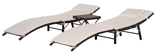 Outsunny Lot de 2 chaises Longues Pliantes Confortables : Matelas, Repose-tête + Table en résine tressée Couleur Chocolat