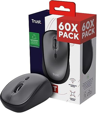 Trust Yvi+ 60 Pack - 60x Ratón Inalámbrico Silencioso con Diseño Sostenible, para Diestros y Zurdos, Microrreceptor USB Almacenable, Mouse para Ordenador, Portátil, Mac, Oficina en Casa - Negro