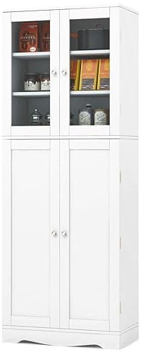 TANGZON Tall Kitchen Cupboard, 4-Door Storage Cabinet with Shelves, Door Racks, Tempered Glass Doors & Anti-tipping Device, Freestanding Wooden Pantry Cabinet Organiser for Dining Living Room (White)