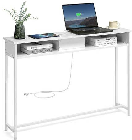 VASAGLE Mesa de Consola Delgada con Multienchufe, Mesa de sofá con 2 Compartimentos, Carga Oculta, Ahorro de Espacio, 25 x 120 x 81 cm, Entrada, Salón, Blanco Nube LNT111W01