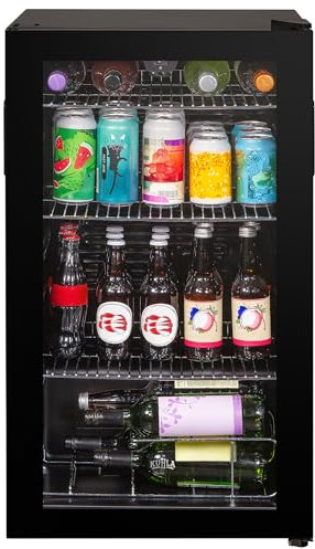 Kuhla Mini Fridge 93 Litre Undercounter Freestanding Beverage/Drinks Wine Fridge for Beer in Black, LED Light, Drinks & Snacks Glass Door, 3 Adjustable Shelves, Energy Efficient, K48BC101B