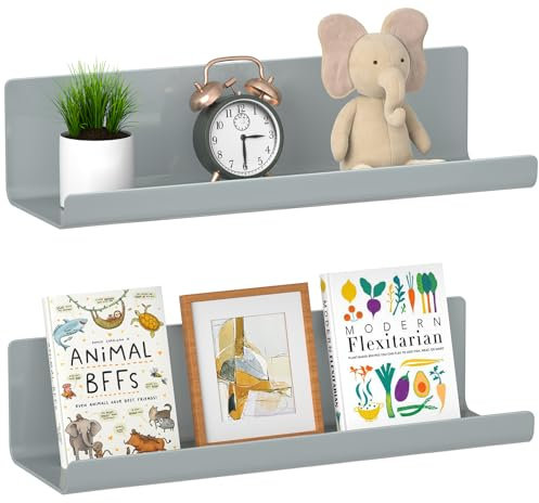 WELDUN Floating Shelves, Set of 2 Wall Mounted Shelf, Picture Ledge Display, Decorative Wall Shelves for Living Room, Bedroom, Bathroom, Kitchen, Home Office, Laundry room, Plastic, Gray