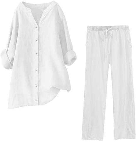 IQYU Traje de lino para mujer, elegante, informal, traje de pantalón, festivo, boda, tallas grandes, dos piezas, verano, manga larga, con botones, blusa larga, pantalones anchos, conjunto de muselina,
