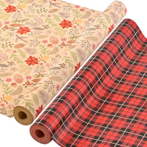 AhfuLife 2 rullar julomslagspapper, 43 cm x 15 m jul omslagspapper rullar, återvinningsbart kraftpapper för jullådor, presentförpackning, födelsedagsfest dekorationer (löv/svart och röd retro)