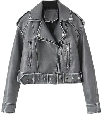 DGKaxiyaHM Women's Vintage Faux Leather Fall Coat Cropped Blazer Collar Coat Jacket Zip Up Slim Fit Belt Coats (Grey,M)