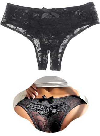 ohmydear Lace French Knickers Plus Size Crotchless Underwear for Women Sexy Panties Sheer Mesh Ladies Pants Cheeky Bikini Briefs Frilly Black Thongs Pantys Uk 16
