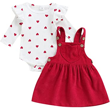 SYHVGI Newborn Baby Girl Valentine Outfit Ruffle Long Sleeve Romper Bodysuit Corduroy Pinafore Dress 2 Piece Set (A-Red, 9-12 Months)