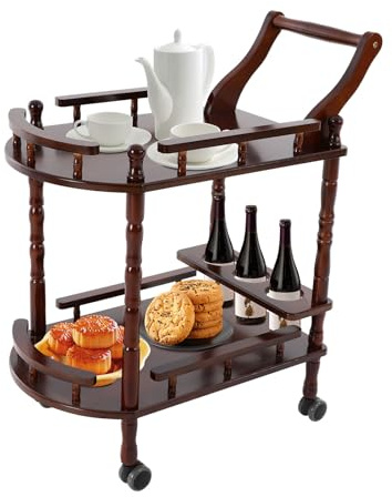 BILPIKOGoo Bar Cart, Home Bar Service Cart with Wheels, 2-Layer Wine Mobile Trolley, Solid Wood Storage Rack with Bottle Rack, Rolling Beverage Cart for Home, Kitchen, Dinning Room