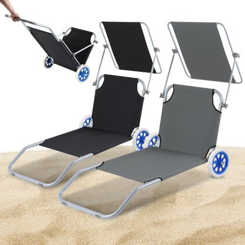 Ollewiellan Silla de playa de 2 piezas con ruedas, tumbona plegable para playa, piscina, jardín, silla de playa, plegable,