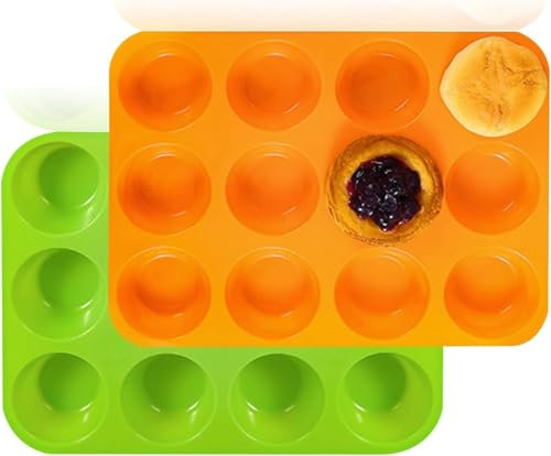 UOSIWYA 2 PCS Silicone Baking Trays, 12 Cups Cupcake Tray Non-Stick Muffin Tin for Desserts Cupcakes Bakeware Cake Tray Moulds (Yellow Green)
