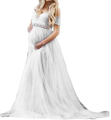 Maternity Lace MeshTrailing Dresses Short Sleeve U Neck Fitted Gown Solid Casual Pregnant Photography Long Dress for Infant Shower/Wedding Guest/Photoshoot (White, L)