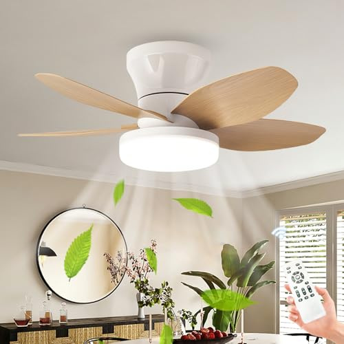 LASANYA Ventilatore da Soffitto con Luce e Telecomando Soggiorno Lampadario Ventilatore da Soffitto a 5 Pale Dimmerabile Per Camera da Letto Reversibile, 6 Velocità, Motore DC-White-Wood||65CM