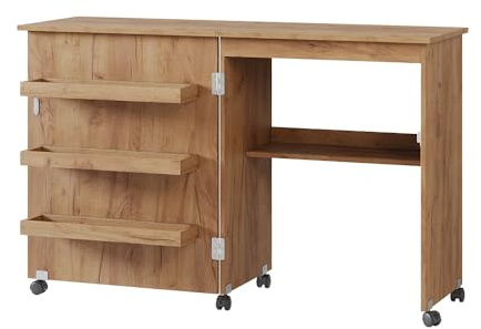 Vicco Nähtisch Carmen, Eiche, 118 x 77.5 cm mit 3 Regalfächer, klappbar auf Rollen zur flexiblen Nutzung als Arbeitstisch