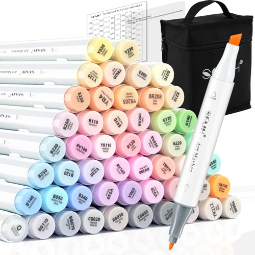 SFAIH Alcohol Markers Chisel & Fine - 51 Pastel Colors Double Tipped Art Markers for Adult Coloring Sketch Illustration Comics, Gifts for Artist Adult, Dual Tip, Colorless Blender