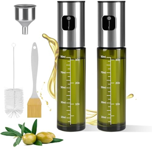 Byitin 2 pezzi Spruzzino Olio per Friggitrice Aria 100ml, Spruzzatore per Olio d'oliva in Vetro Verde con Protezione UV, Vaporizzatore Nebulizzatore Oil per Cucina, Barbecue con imbuto grande