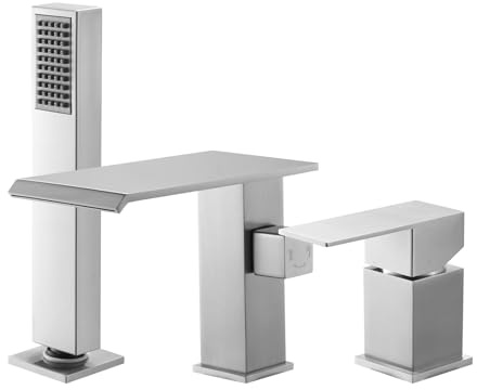 VEVOR Rubinetto per Vasca da Bagno con 3 Fori, Rubinetto con Doccetta 1 Maniglia, Miscelatore da Bagno in Acciaio Inossidabile Spazzolato con Doppia Opzione di Flusso Acqua Calda Acqua Fredda