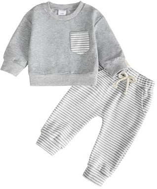 UUAISSO Completi per Neonati Completi con Felpe a Righe a Maniche Lunghe Top e Pantaloni a Nido d'ape Bambino Autunnali grigio 18-24 mesi