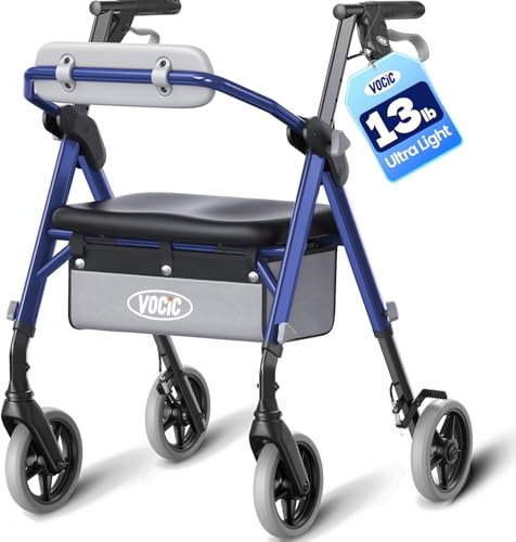 VOCIC Walkers for Seniors, Z12 Rollator Walker with Seat, Ergo Seat & Backrest, Foldable Rollator Adjustable Height, All Terrain Walker, Ultra Light