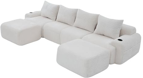 HAINEW Modern modulär soffa av manchestersoffa med mugghållare och sidofickor, gör-det-själv kombination, utan montering, komprimerad boneless soffa, L/U-form 2–4-sitsig hörnsoffa (beige, 4-sitsig + 2