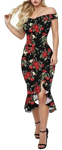 Damsommarklänning 2026 Volang Axelbas Lös Dam Kalla Blommor Slits Enkel Klänning Mode Vanlig Kortärmad Sexig(Red,L)