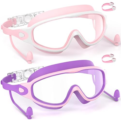 Yidoroye Set med 2 simglasögon för barn, 180° stort HD-synfält, anti-dimma och UV-skydd, justerbar mjuk silikon, med öronproppar och näsklämmor (rosa, vit och rosa lila)