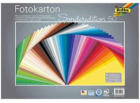 folia- Cartón fotográfico de 35 x 50 cm, 300 g/m Hojas Surtidas en 50 Colores, Base Ideal para numerosas Ideas de Manualidades, Multicolor (MAX Bringmann KG 6135/50 99)