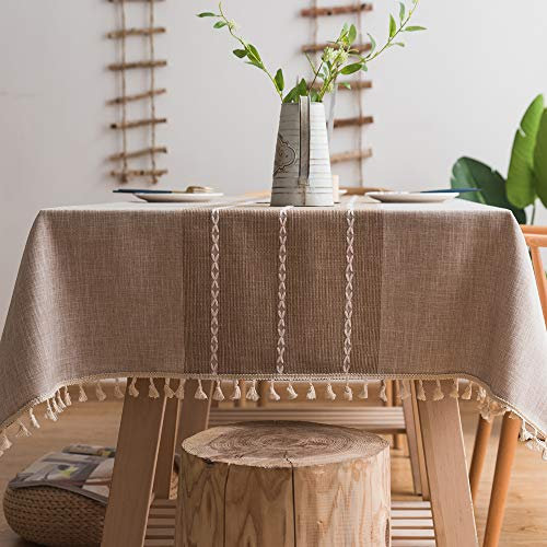 Plenmor Heavy Weight Cotton Linen Tablecloth Dust-Proof Tassel Table Cloth Cover for Kitchen Dinning Farmhouse Tabletop Decoration (140x220 cm, A-Brown)