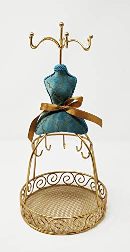 Vintage Mannequin Jewellery Stand, Elegant Metal Dress Form with Velvet Cushion and Organiser Tray for Rings, Necklaces, Earrings, and Bracelets – Antique Gold Finish, Blue Fabric Design