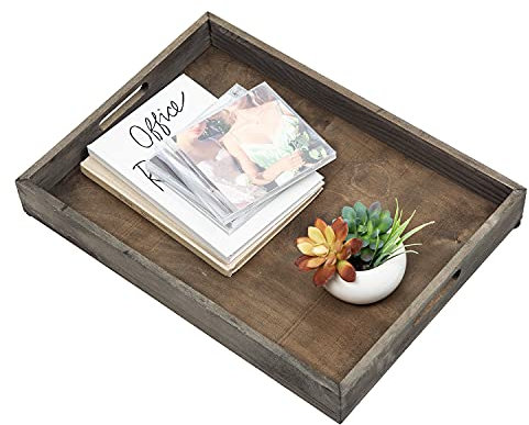 Rustikales Serviertablett aus Holz im Used-Look, achteckiges Serviertablett im Bett mit ausgeschnittenen Tragegriffen, für Kaffee, Schreibtisch, Dokumentenhalter für Zuhause und Küche (steingrau)