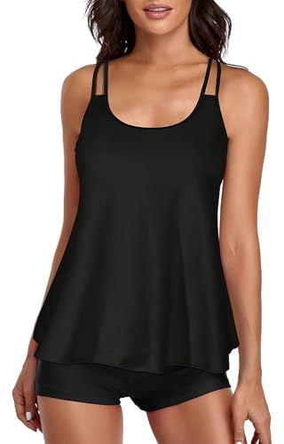 Stylish Swim Suits for Women Slimming Tankini Set Adjustable Straps 2 Piece Swimwear Tropical Hawaii Beach Pool Party Photoshoot Flattering Hides Belly Perfect for Vacation Black XXL