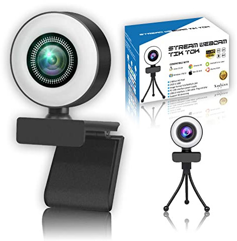 MADD Webcam TikTok PC Cámara Web Streaming Compatible Full HD 1920x1080P Fotos Videoconferencia Micrófono con Luz de Anillo Ajustable Soporte 3D Rotación 360° Alta Resolución Autofocus USB