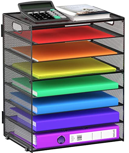 8 Tier Paper Letter Tray Organizer with Handles, Mesh Desk File Holder Storage Organization for Home School Classroom & Office (Black)