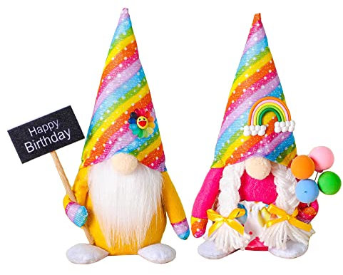 KWQBHW Gnomi di compleanno peluche Happy Birthday Farmhouse Tomte fatti a mano arcobaleno gnomo regali scandinavi elfo per casa festa a più livelli vassoio ornamenti decorazione