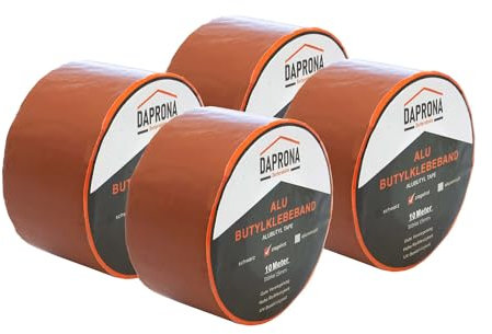 DAPRONA Butylband, Panzertape 10m x 75mm, 4 Stück Ziegelrot Dichtungsband Alu, Reparaturband, Dichtband Fenster Dachrinne, wasserfest, hitzebeständig