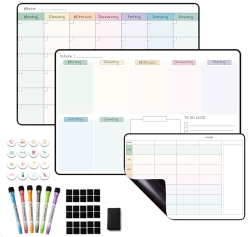 MCCORL Magnetisch Wochenplaner+Monatsplaner+Essenplaner/Familienplaner abwischbar, Magnettafeln für Kühlschrank,perfect als Haushaltsplaner und Aufgabenplaner (3 Stücke)